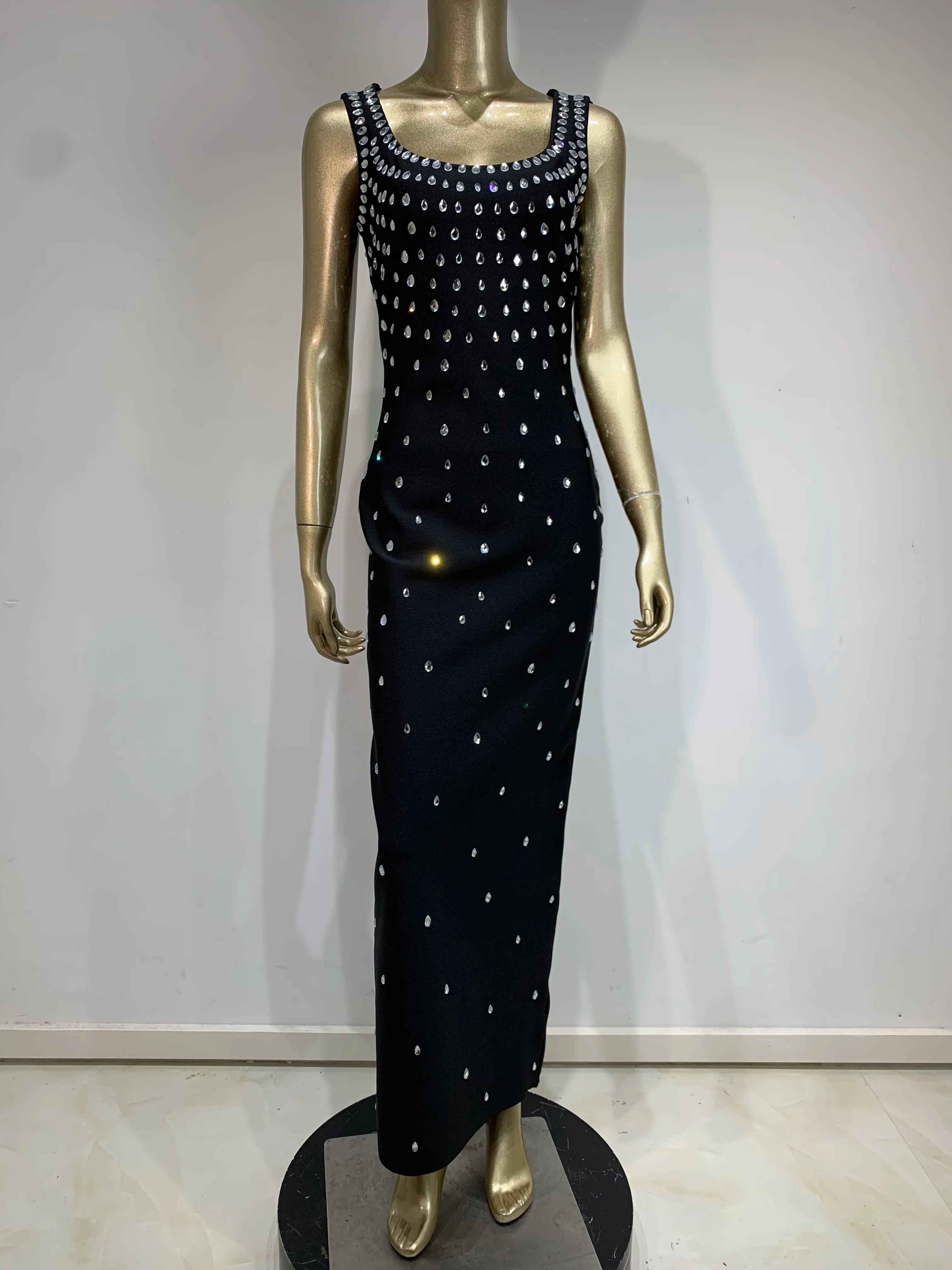 Women Celebrity Sexy Tank Studded Sky Blue Black Maxi Long Bodycon Bandage Dress 2024 Elegant Evening Club Party Outfit black