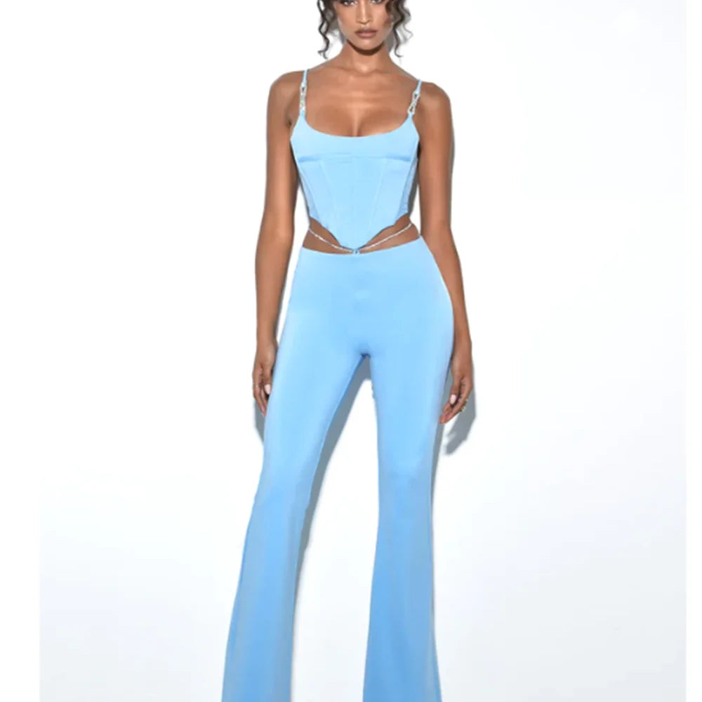 High quality Blue Black Chain Sexy Two Pieces Set Bodycon Rayon Bandage Set Evening Party Sexy Fashion Outfit