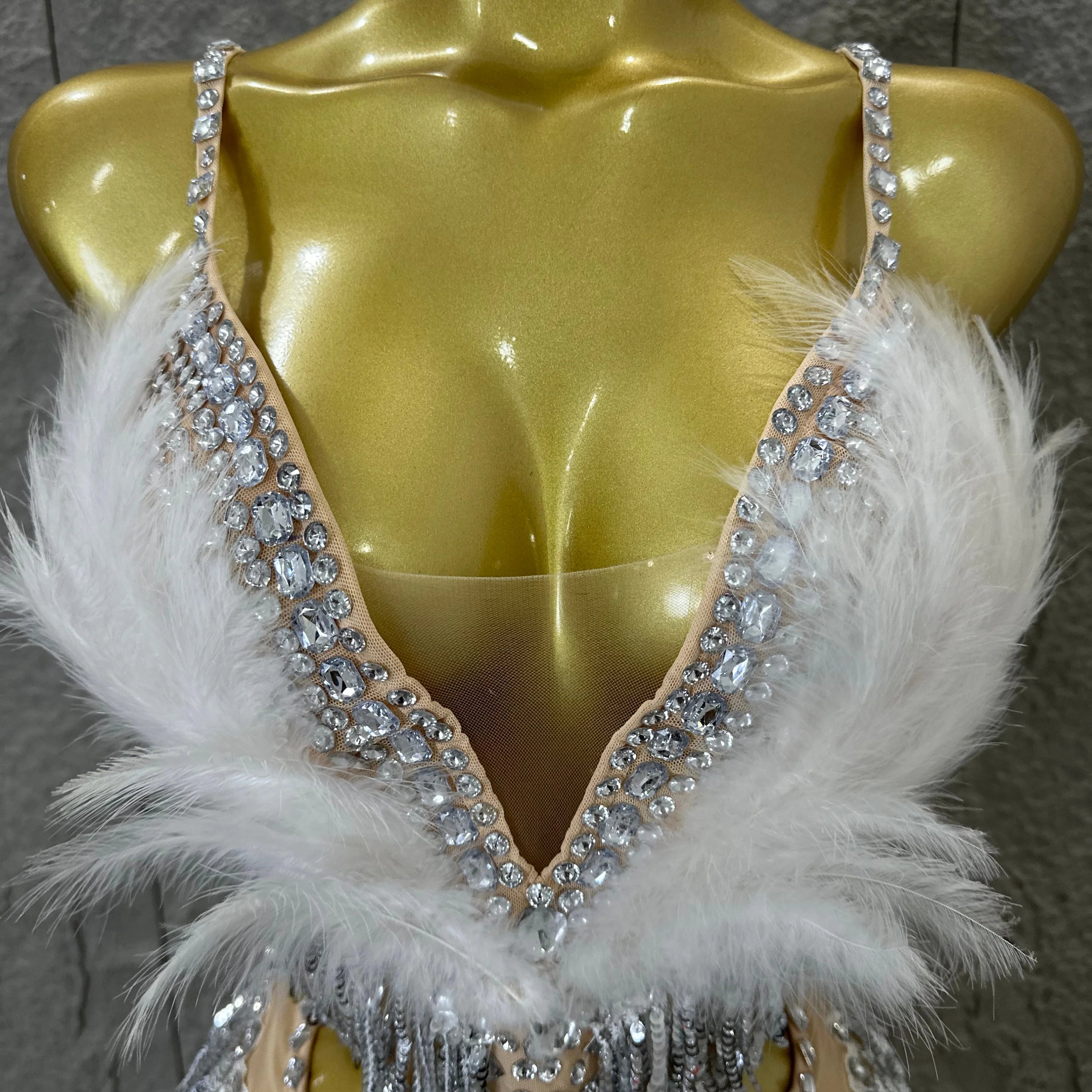 Luxurious Sheer Mesh Bodysuit Women Sexy Crystal Embellished Feather Fringe Trim Spaghetti Strap Outfit Stage Performance Outfit