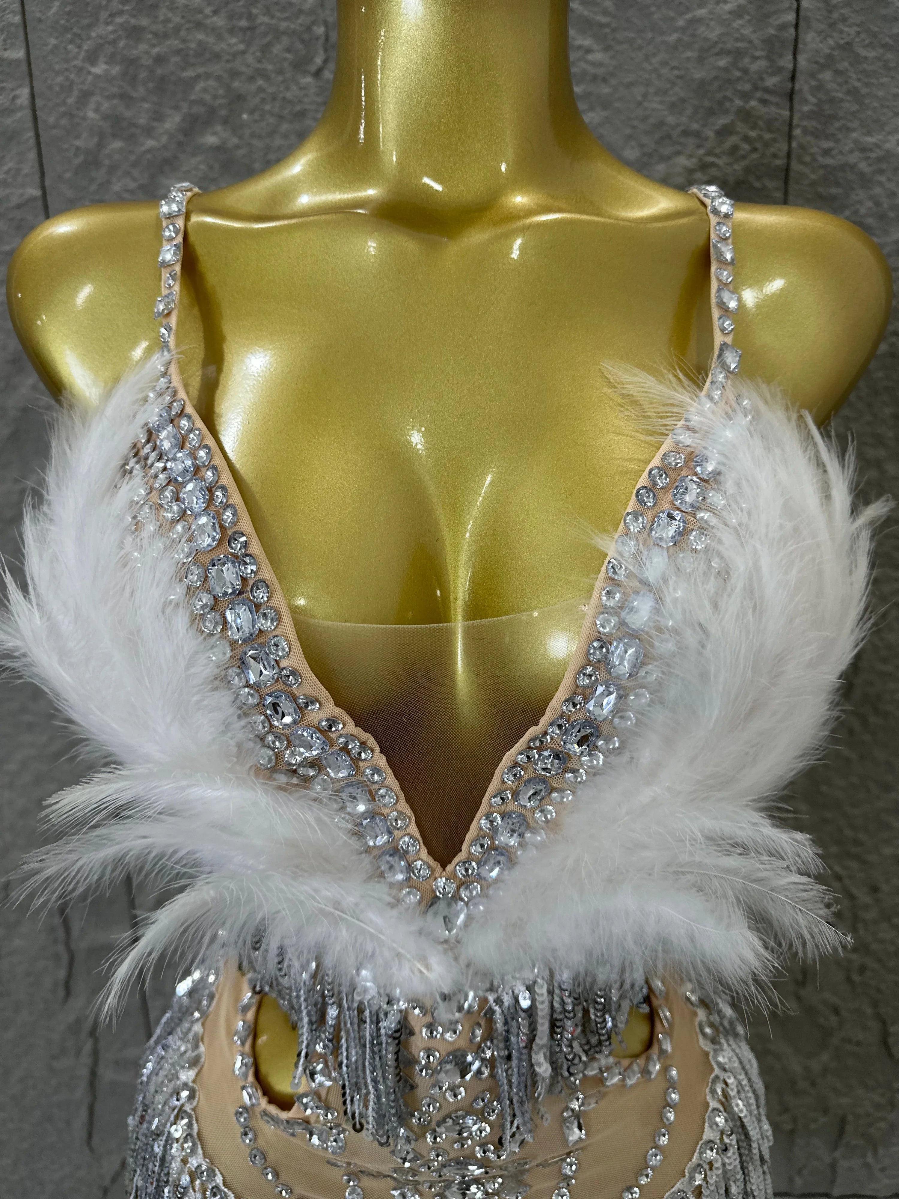 Luxurious Sheer Mesh Bodysuit Women Sexy Crystal Embellished Feather Fringe Trim Spaghetti Strap Outfit Stage Performance Outfit