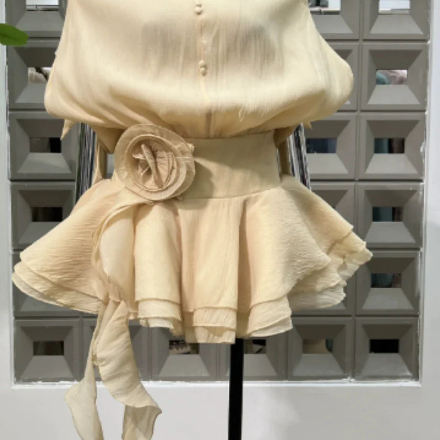 Solid Loose Spliced Ruffles Mini Dresses for Women Slash Neck Sleeveless Patchwork 3D Flower Dress Female Clothing CHAMPAGNE