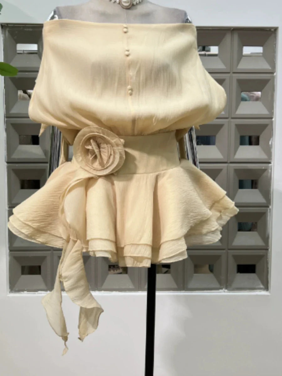 Solid Loose Spliced Ruffles Mini Dresses for Women Slash Neck Sleeveless Patchwork 3D Flower Dress Female Clothing CHAMPAGNE