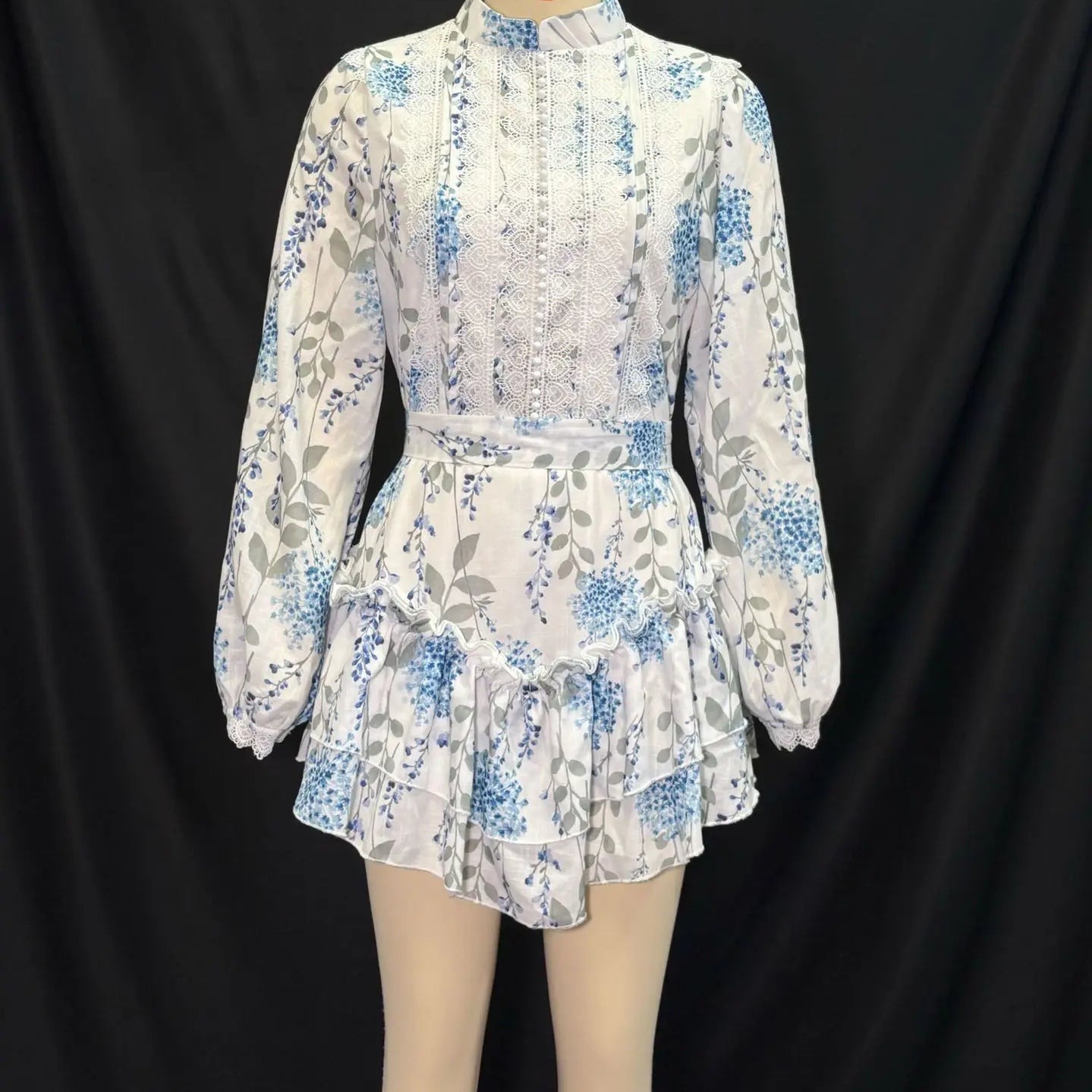 Hit Color Spliced Printing Elegant Dresses for Women High Waist Long Sleeves Patchwork Ruffles Folds Dress Female BLUE