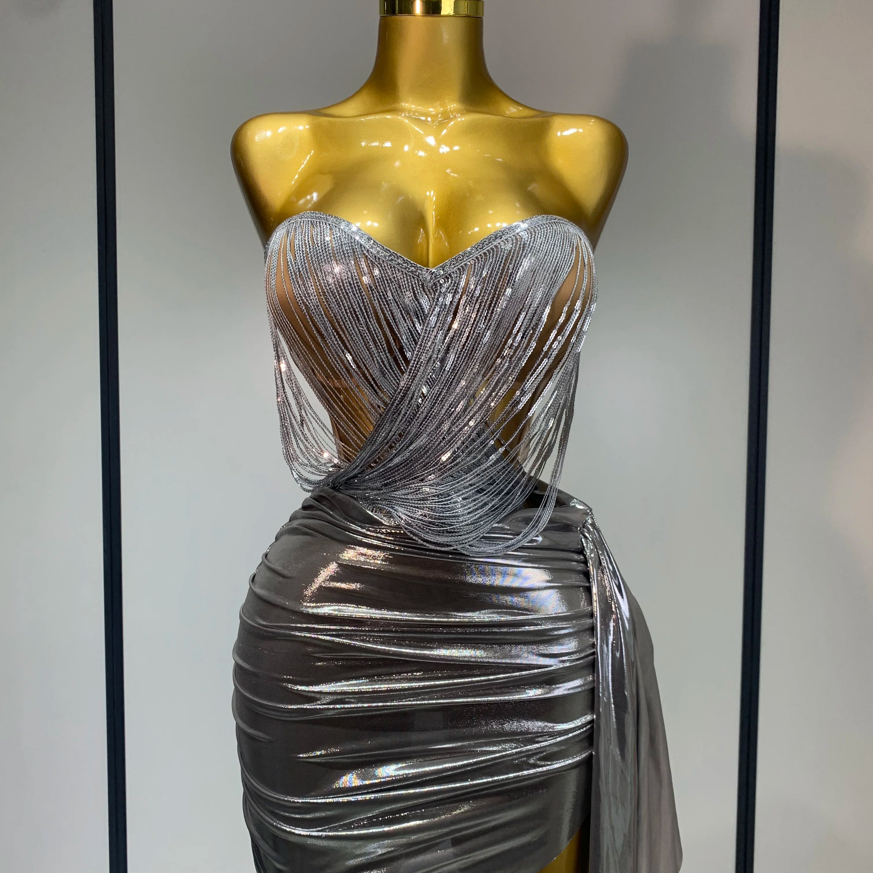 Sparkly Sequin Two Piece Set Sexy Strapless Backless Women Outfit Evening Party Nightclub Stage Performance Dance Costume Sliver