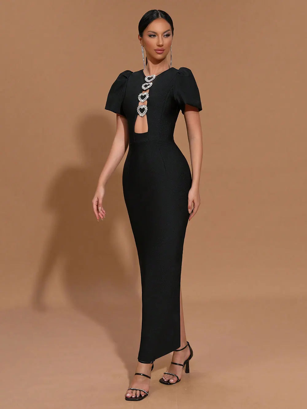 2025 Sexy Women Three-Dimensional Heart-Shaped Design Hollow Bandage Dress O-Neck Short Sleeved Bodycon Black Long Dress Vestido