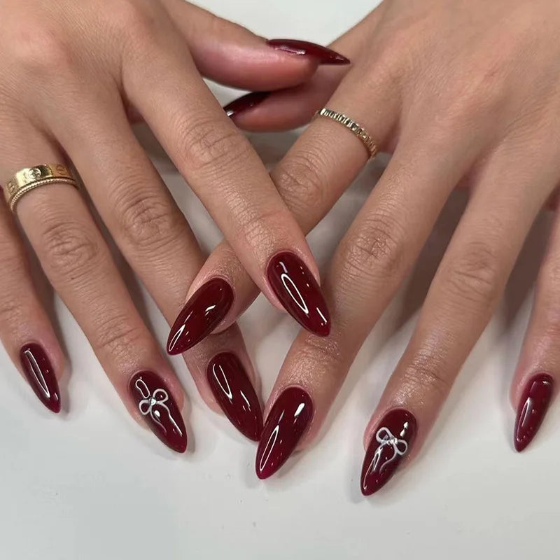 24Pcs Simple Wine Red Fake Nail with Glue Mid-length Almond Press on False Nails Wearable Round Head Oval Full Cover Nail Tips 3133