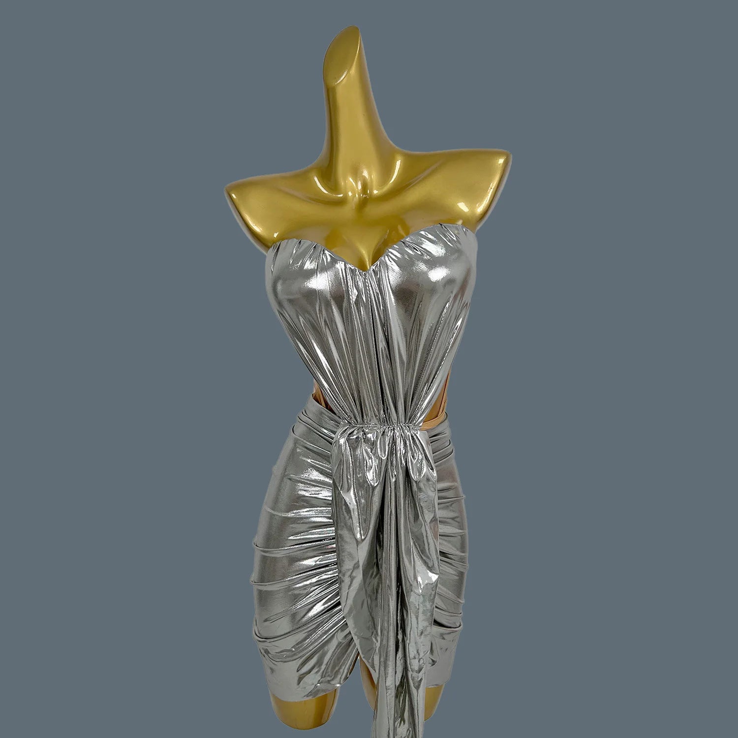 Shine Bandage Strapless Top Mini Skirt 2Pcs Blue Set for Women Sexy Club Dance Wear Bar Celebrate Evening Birthday Dress Yaoxia Gray Silver One Size