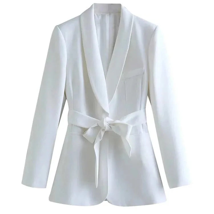 TRAFZA Women's Casual Blazer Chic Outerwear Elegant Flared Trousers Long Sleeve V-Neck Belted Office Commuter Suit Set White Top-O58