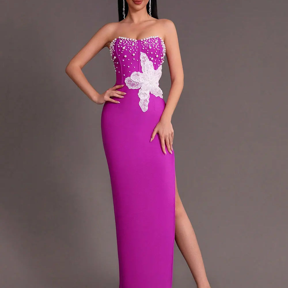 2025 Spring Sexy Women's 3D Flower Pearl Bandage Dress Strapless Sleeveless Bodycon Backless Long Dress Club Party Vestidos PURPLE