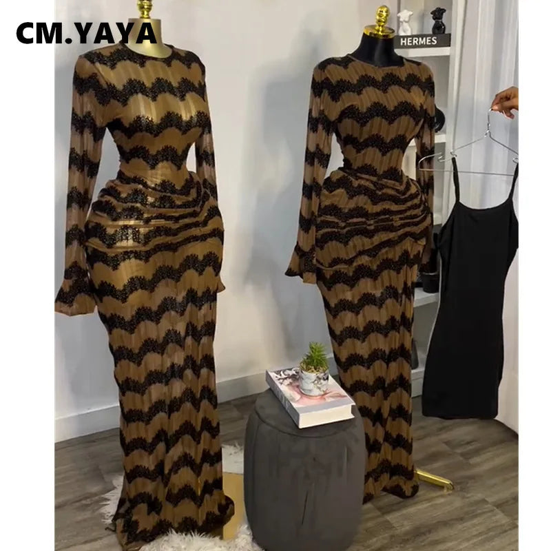 CM.YAYA Women Flare Full Sleeve Wave Striped Ruched Stacked Bodycon Midi Long Maxi Dress 2025 Evening Sexy Party Dresses Vestido