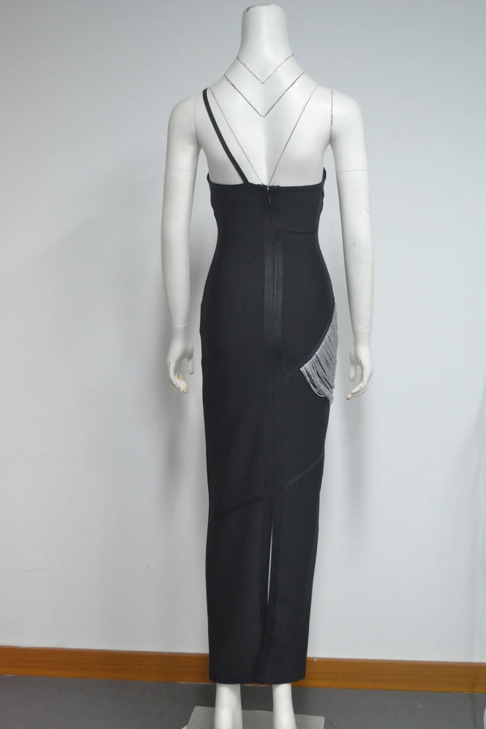 Women Sexy Halter Off the Shoulder Silver Tassels Bodycon Long Bandage Dress Evening Party Celebrate Cocktail Wear