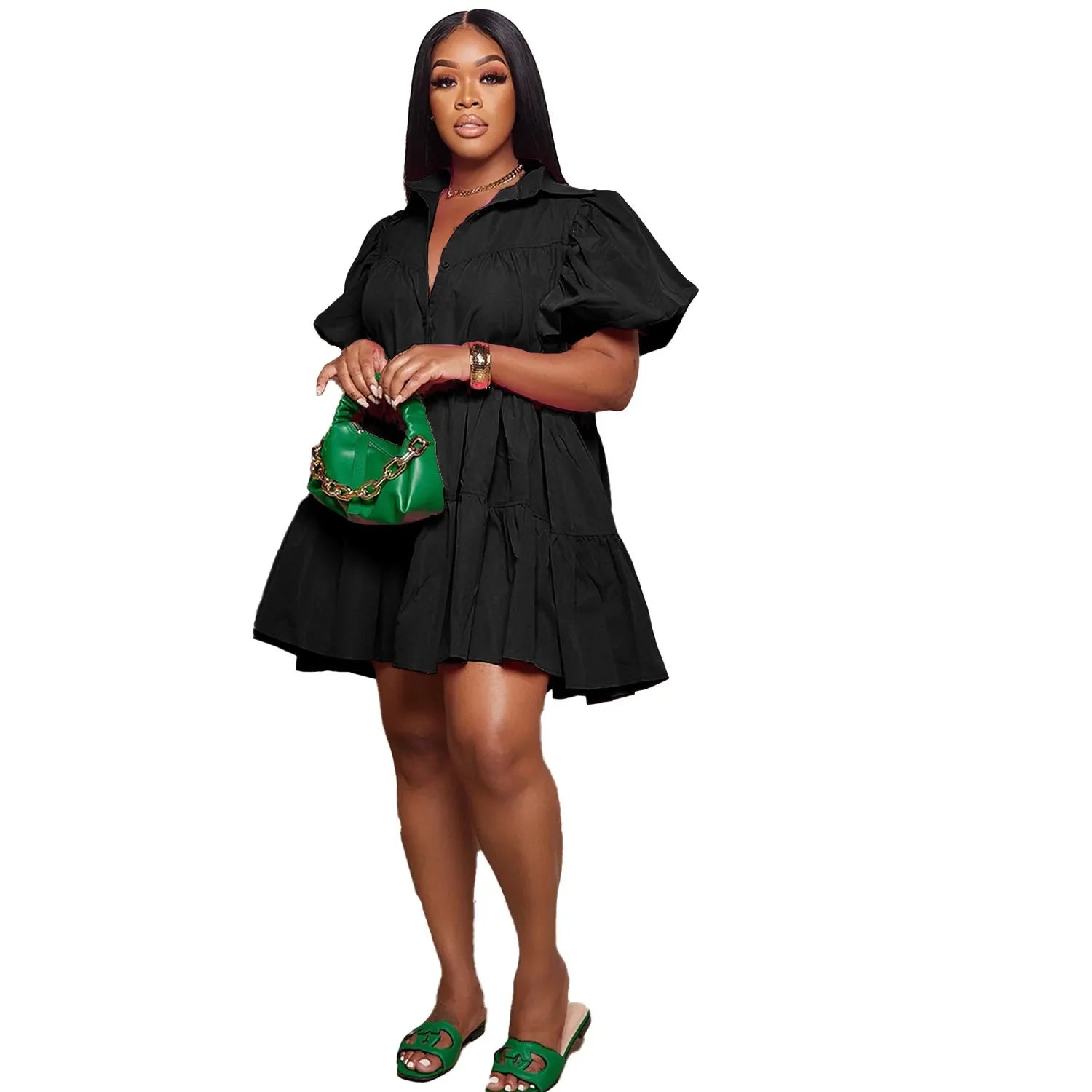 Elegant Women Puff Sleeve Single Breasted Lapel Collar Babydoll Dress Street White Big Swing Loose Smock Shirt Dresses black