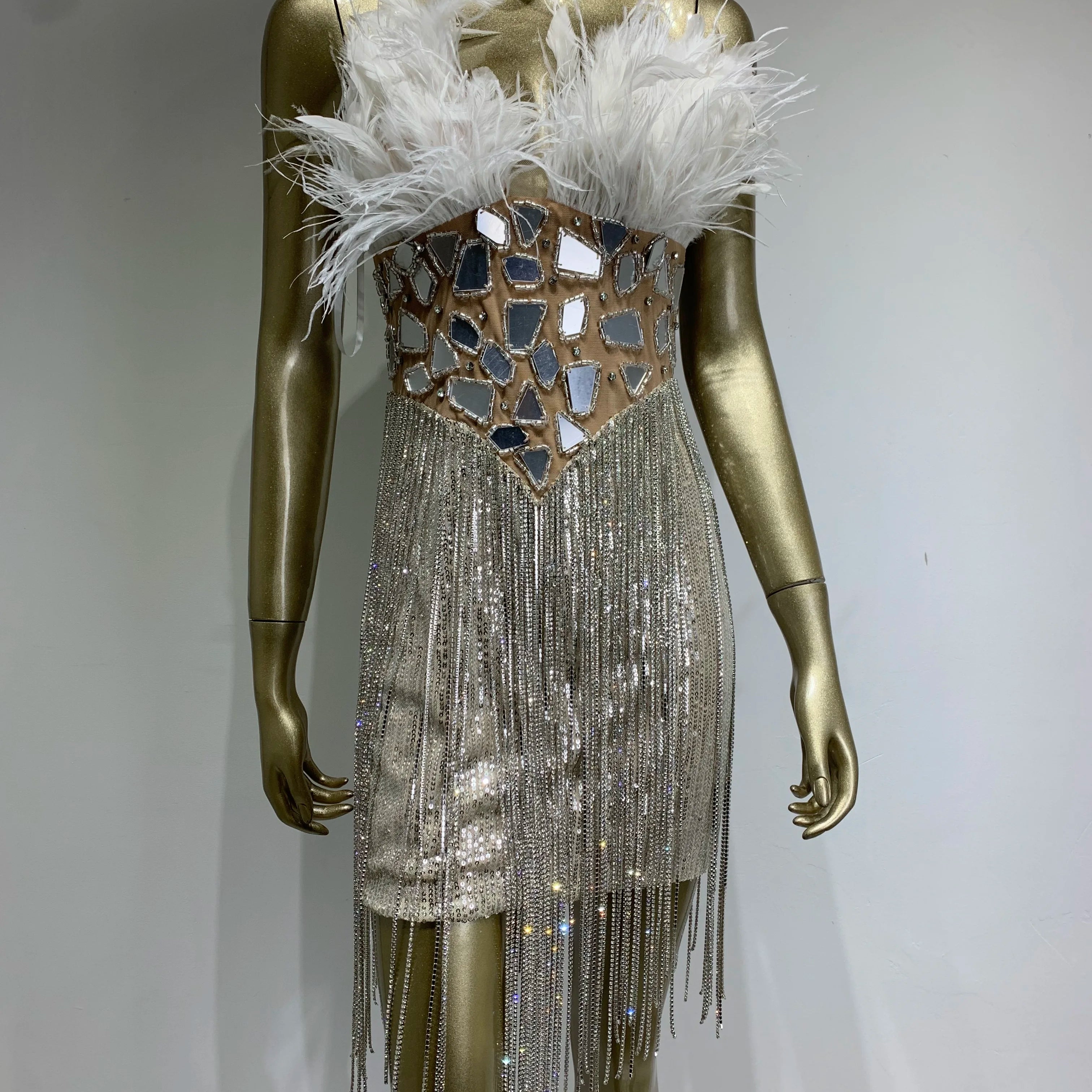 Women Summer Sexy Strapless Backless Mirror Feather Diamonds Sparkly Mini Bodycon Dress 2024 Elegant Evening Party Dress Vestido