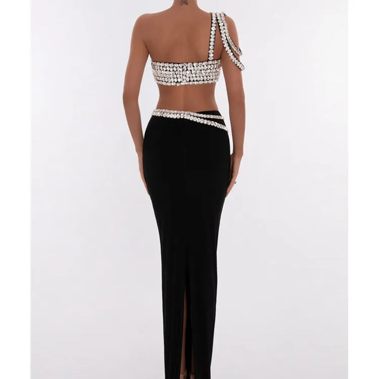Women Summer Celebrity Sexy Beading Split Maxi Long Black Bandage Skirt Set Knitted Elegant Evening Club Party Clothing