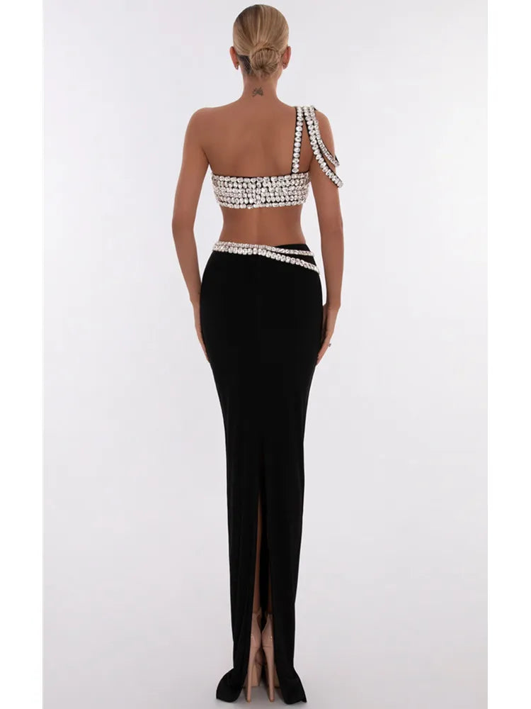 Women Summer Celebrity Sexy Beading Split Maxi Long Black Bandage Skirt Set Knitted Elegant Evening Club Party Clothing
