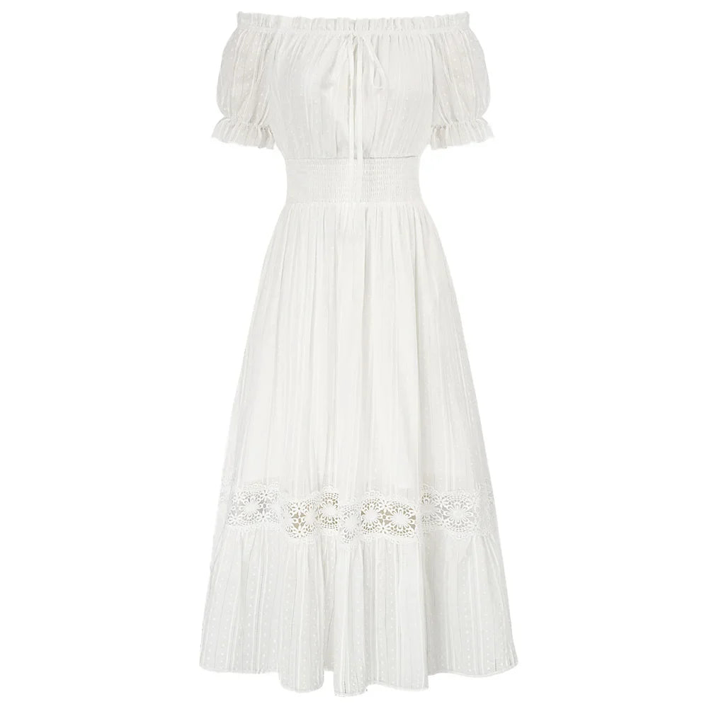 SD Women Renaissance Cotton Dress Summer Short Sleeve Ruffled Off Shoulder Flared A-Line Dress Ruched Slim Fit Fashion Dresses Ivory