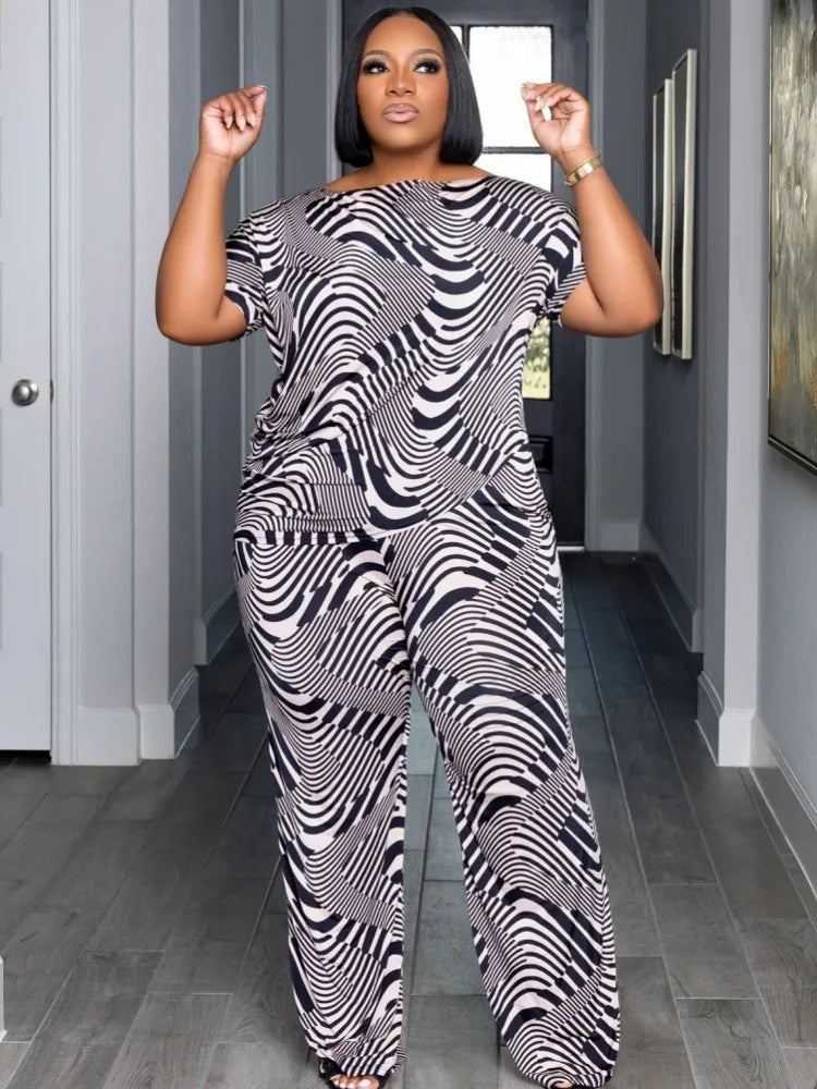 2 Piece Women Sets 2024 Plus Size Summer Matching Sets Print Two Pieces Sets Top Pants Suits Outfits Clothing