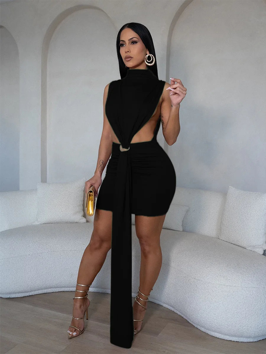 Women O-neck Ruched Stacked Bodycon Midi Mini Dress 2025 Summer Birthday Evening Party Club Vestidos Sexy Chic Dresses Black