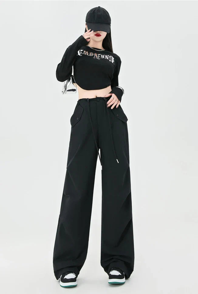 Women's High Street Casual Overalls 2000S Solid Color Loose Wide Leg Pants American Retro Punk Y2k Drawstring Cargo Pants black