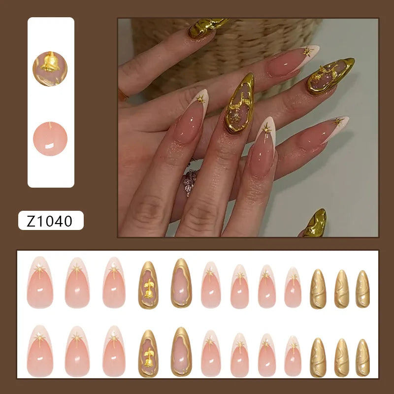 24pcs Y2k Love False Nails Sweet Cool Blue Blush Butterfly Print Fake Nails Tips Wearable Detachable Almond Press on Nails 5