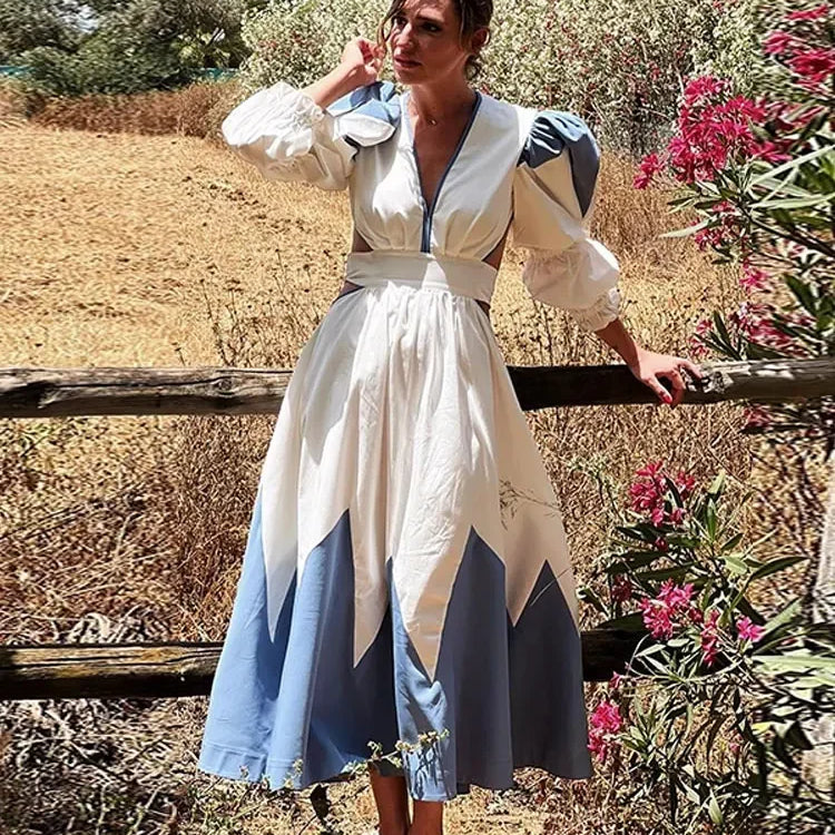 Loose Puff V Neck Backless Printed Maxi Dress Woman Casual Lace Up Lantern Sleeve Robe New Ladies Chic High Street Vestidos