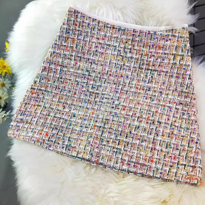 Autumn Women's Multicolored Gold Thread Woven Tweed A-line Skirt High Street All Match Slim Mini Skirts Ropa Mujer Beige