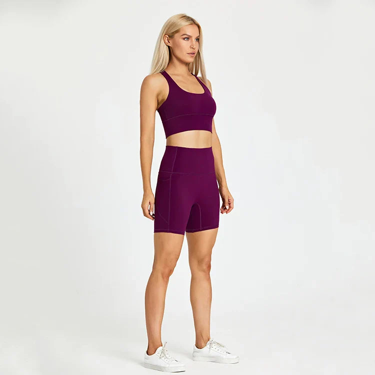 ABS LOLI Pockets Yoga Shorts Set Women Fitness Suit 2 Piece Sports Gym Wear Workout Clothes Running Sportswear Sport Outfit grape purple