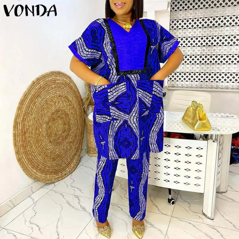 Plus Size 5XL Women Two Piece Sets Summer Printing Loungewear Pants Sets VONDA 2024 Vintage Short Sleeve Tops Loose Pants Suits Blue