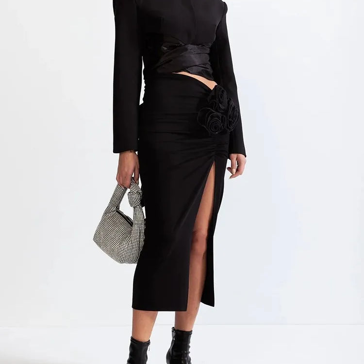 Chic Two Piece Set For Women Round Neck Long Sleeve Top High Waist Spliced Appliques Skirt Elegant Sets Female New