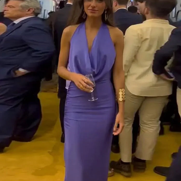 Elegant Purple Halter Lace Up Bodycon Midi Dress Women Sexy Blackless Sleeveless Side Split Robes Chic Summer Lady Party Dresses