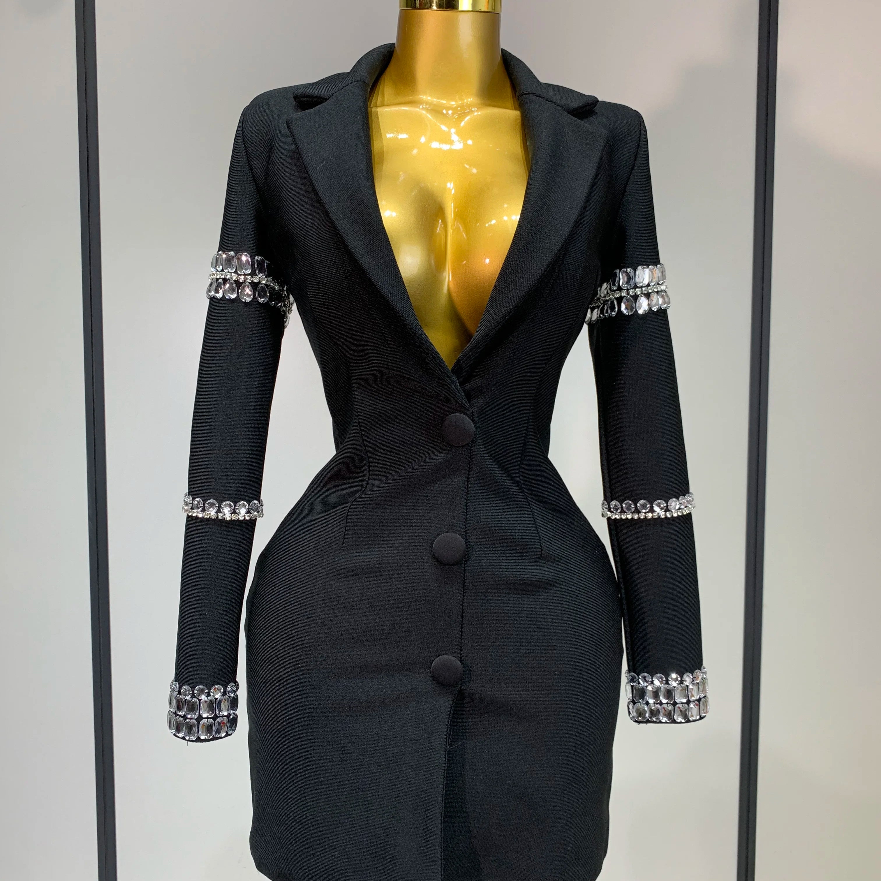 Women Sexy Long Sleeve V Neck Beading Rhinestone Mini Bodycon Bandage Dress 2025 Celebrity Elegant Evening Party Birthday Dress black