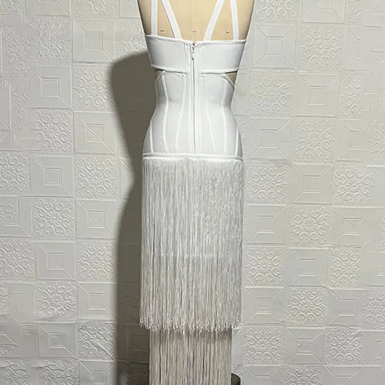 2024 Summer Sexy Tassel Bandage Dresses Women's Spaghetti Sleeveless Hollow Bodycon Long Dress Celebrity Evening Party Vesidos