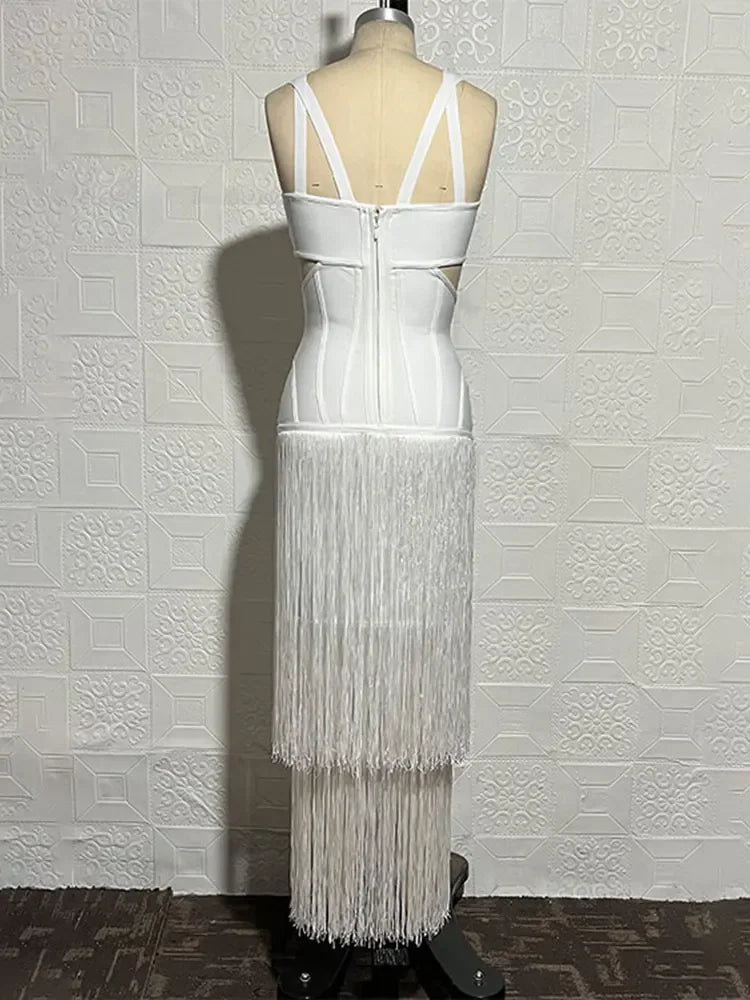 2024 Summer Sexy Tassel Bandage Dresses Women's Spaghetti Sleeveless Hollow Bodycon Long Dress Celebrity Evening Party Vesidos