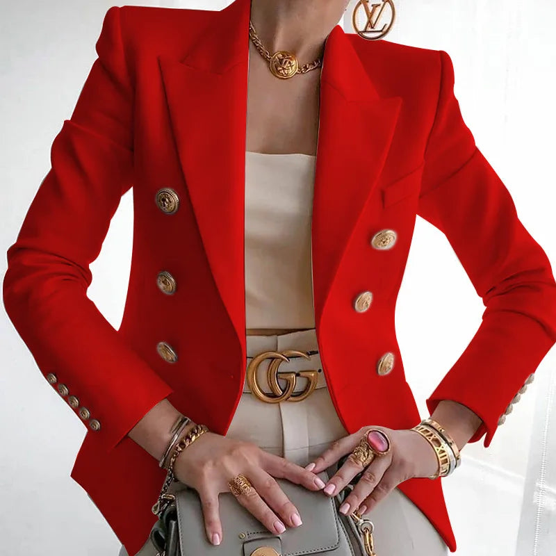 Women Blazer Double Breasted Solid Color Slim Long Sleeve Business Casual Fashion Short Coat Office Ladies Female Suit Jacket Red