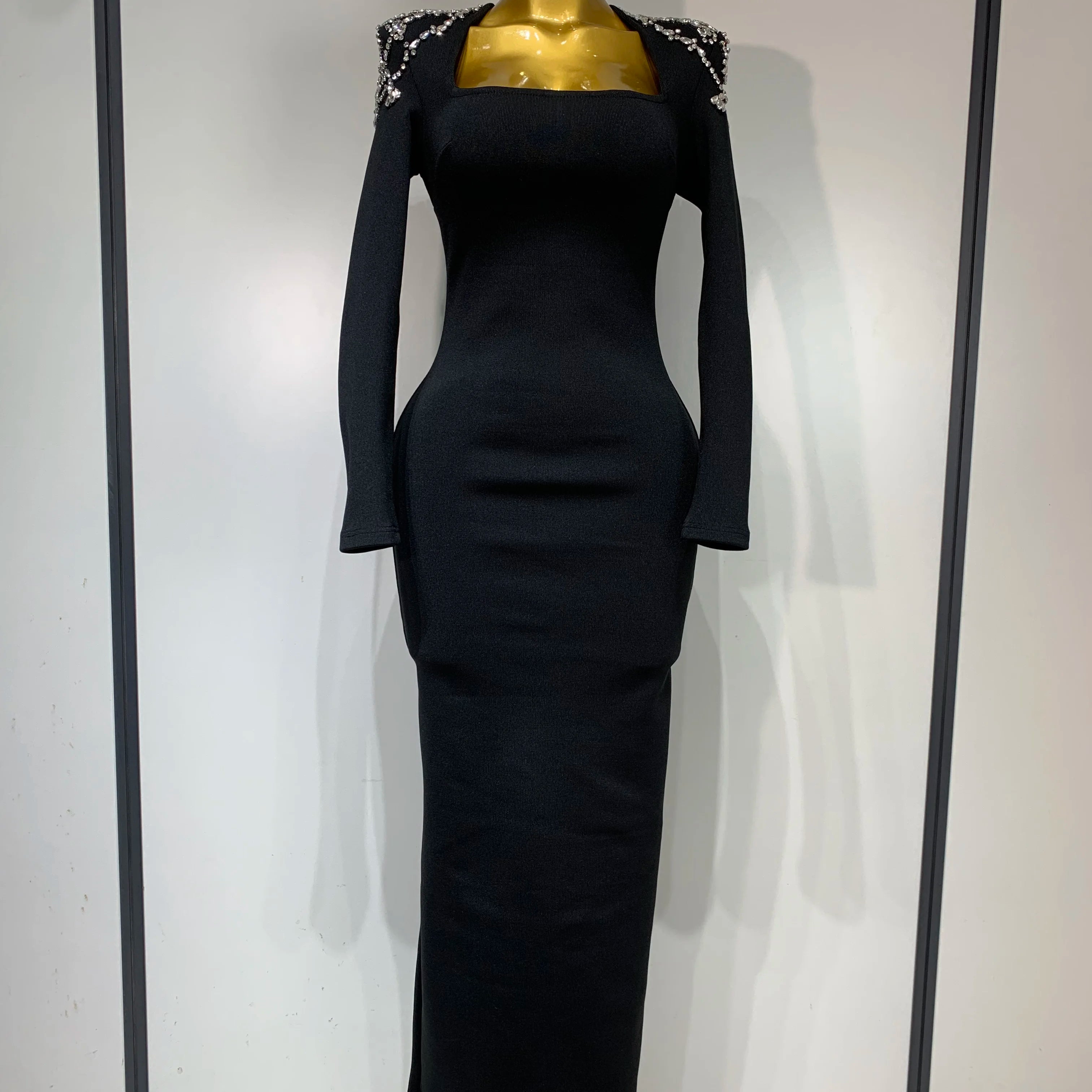 2025 New Luxury Birthday Dresses Diamond Tight Long Sleeve Square Neck Long Bandage Dress Women Wedding Evening Formal Gowns black