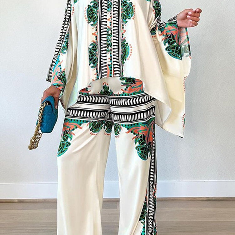 Printed Lapel Blouse Pants Sets Women 2024 Autumn Long Bat Sleeve Shirt Tops Loose Wide Leg Pant 2 Piece Set Female Casual Suit