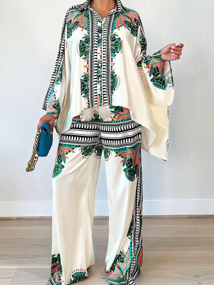 Printed Lapel Blouse Pants Sets Women 2024 Autumn Long Bat Sleeve Shirt Tops Loose Wide Leg Pant 2 Piece Set Female Casual Suit