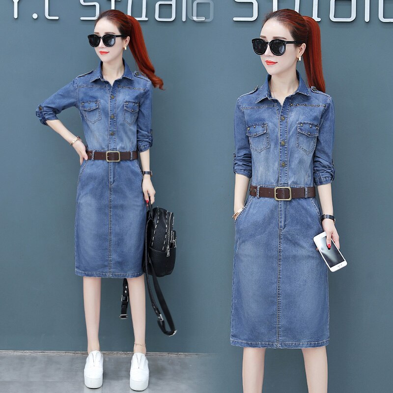 spring and fall Denim blue Rivet Knee-Length party dress women omighty shirt bodycon club dress