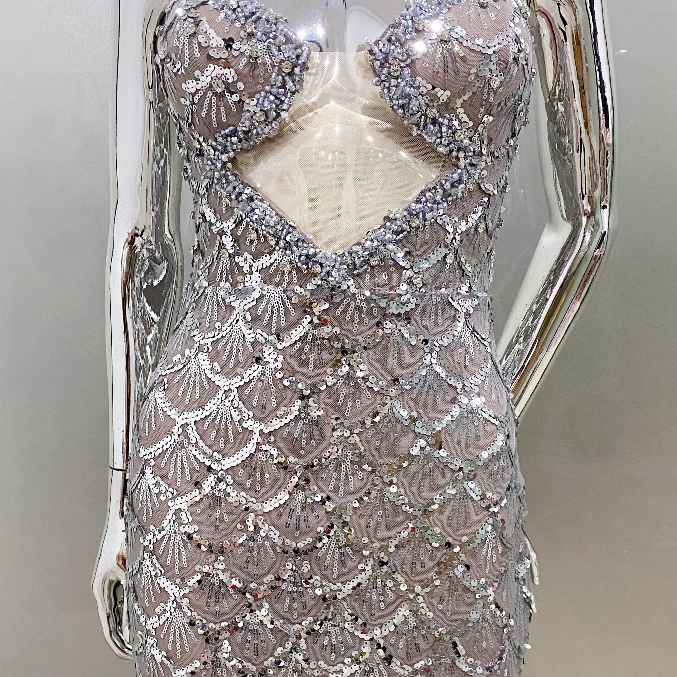 Sparkling Sliver Sequins Sexy V-Neck Spaghetti Strapless Floor Length Dress Graceful Evening Dress Celebrity Party Outfit