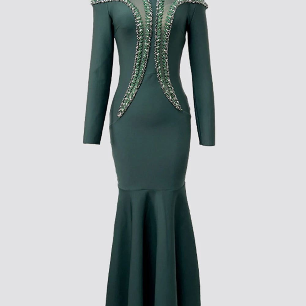 Newest Fashion 2025 Designer Party Vestido Women'S Diamonds Mesh Long Sleeves Bodycon Mermaid Long Maxi Dress