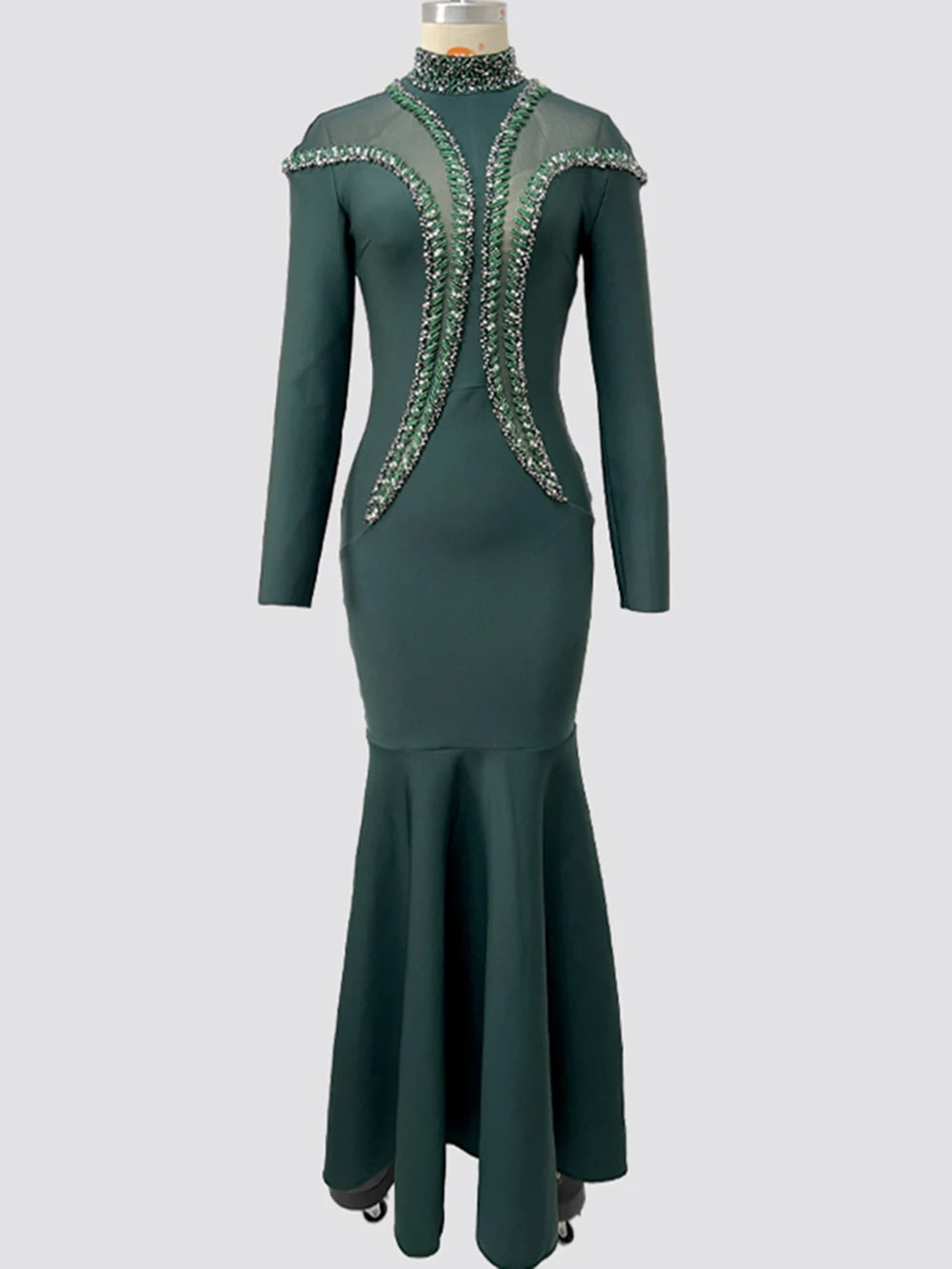 Newest Fashion 2025 Designer Party Vestido Women'S Diamonds Mesh Long Sleeves Bodycon Mermaid Long Maxi Dress