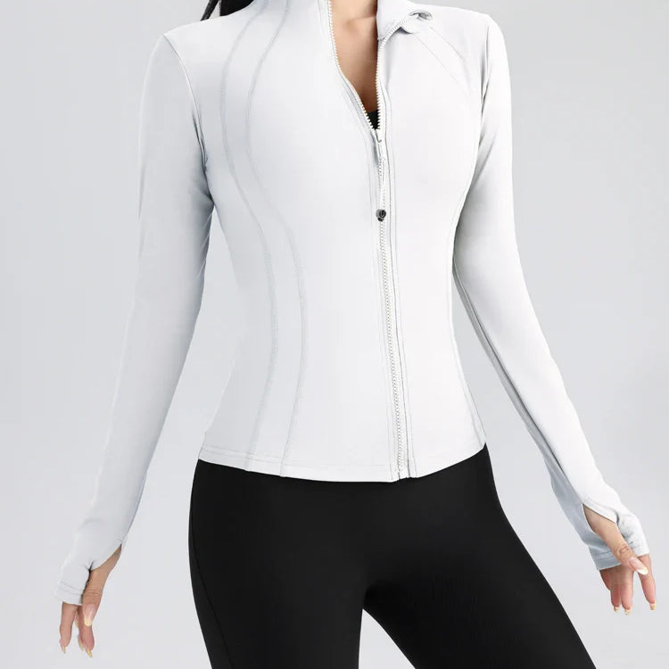 Gym Women's Full Zip Yoga Top With Thumbholes Fitness Running Jacket Stretch Fit Long Sleeve Round Neck Top Sportswear