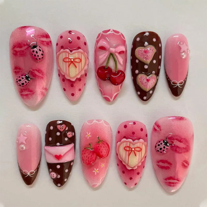 24Pcs Dark Red Leopard Print Pattern Fake Nails Patch Sweet Cool 3D Cherry Press on Nail Lip Print French Almond Nails for Women 4