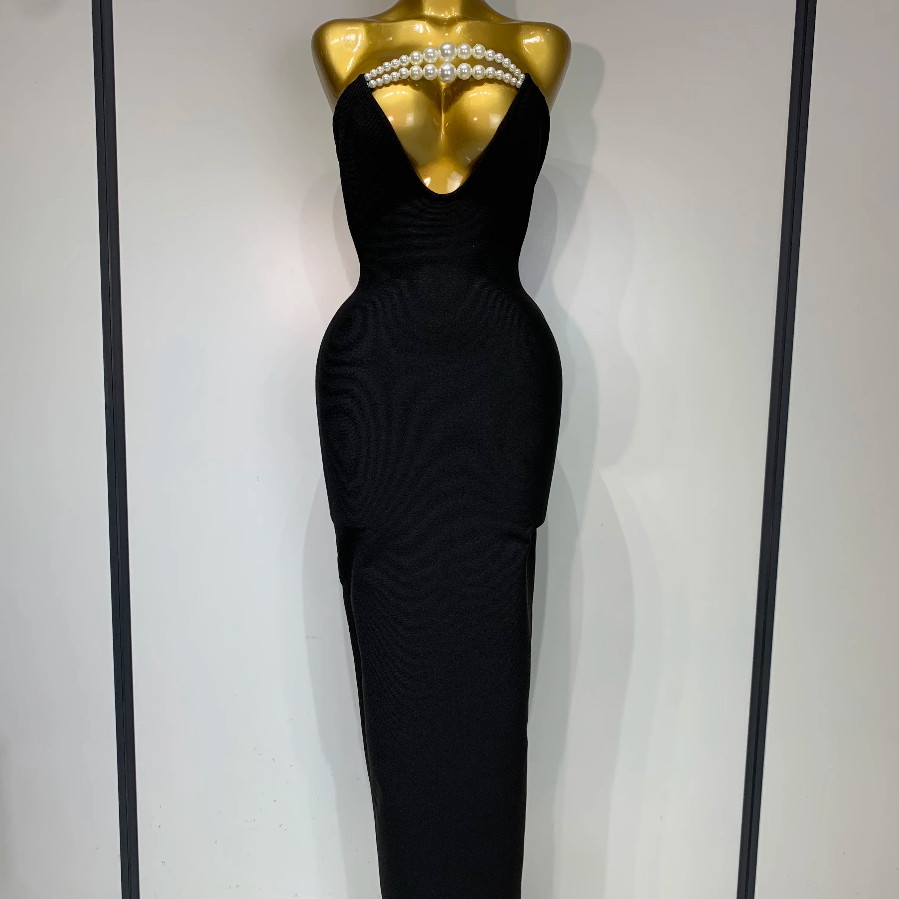 Women Sexy Backless Strapless Black Beading Long Bandage Bodycon Dress 2025 Celebrity Elegant Evening Luxury Birthday Dresses black