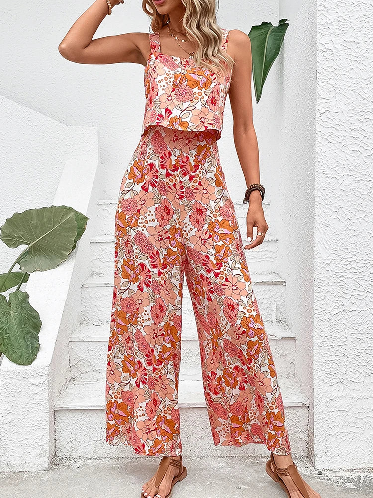 Elegant Long Jumpsuit Women Sexy Backless Wide Leg Jumpsuits Casual Sleeveless Floral Rompers Summer Clothes For Woman New