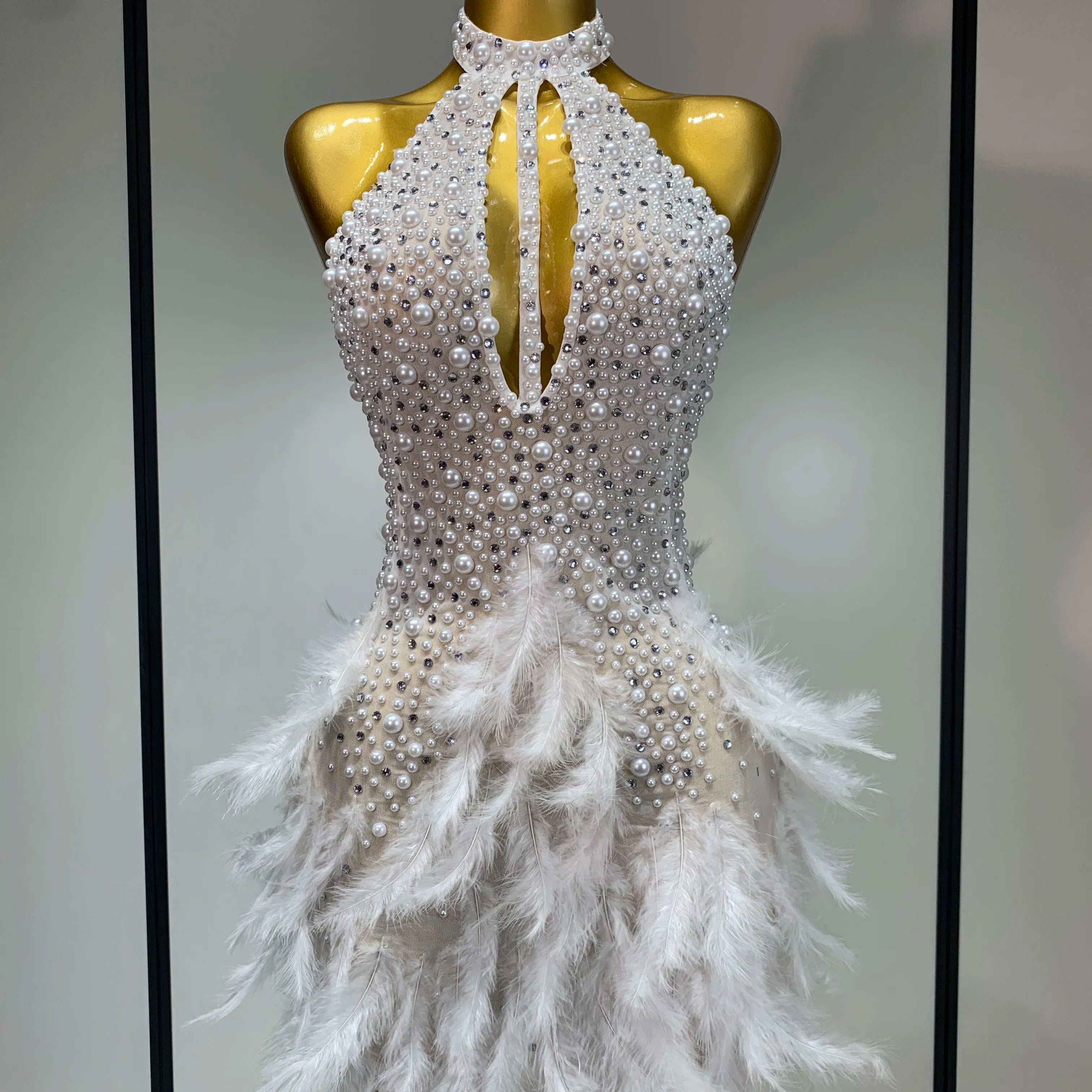 Luxury Rhinestones Pearls Halter Backless Short Feathers Dress Women Sexy Celebrate Birthday Dress Performance Dance Costume WHITE