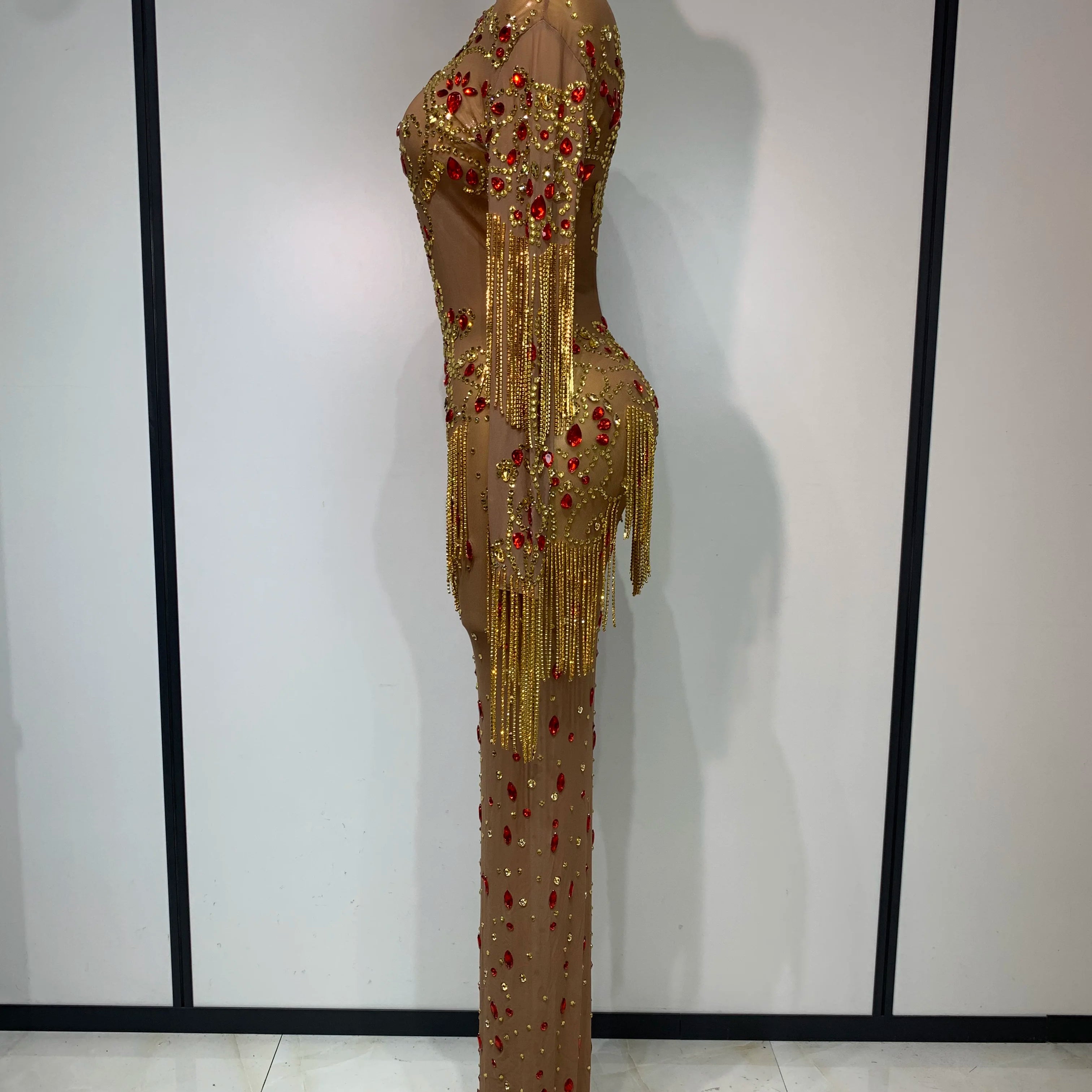 See Through Elastic Mesh Sparkly Rhinestone Stage Performan Costume Luxury Birthday Evening Party Wedding Dress