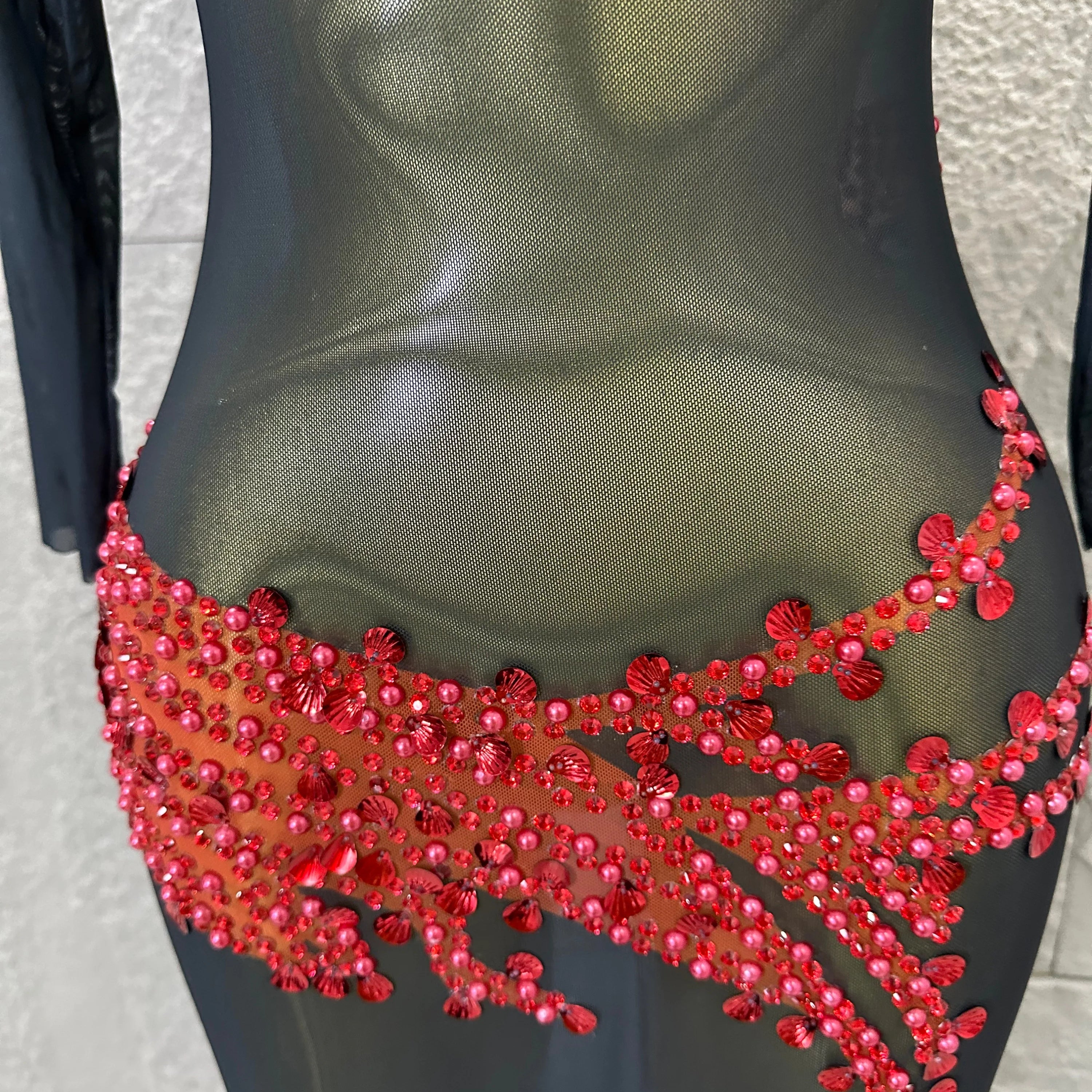 Sexy 2026 Black Sheer Mesh Maxi Dress Women Long Sleeve High Neck Red Rhinestone Embellished Bodycon Stage Costume