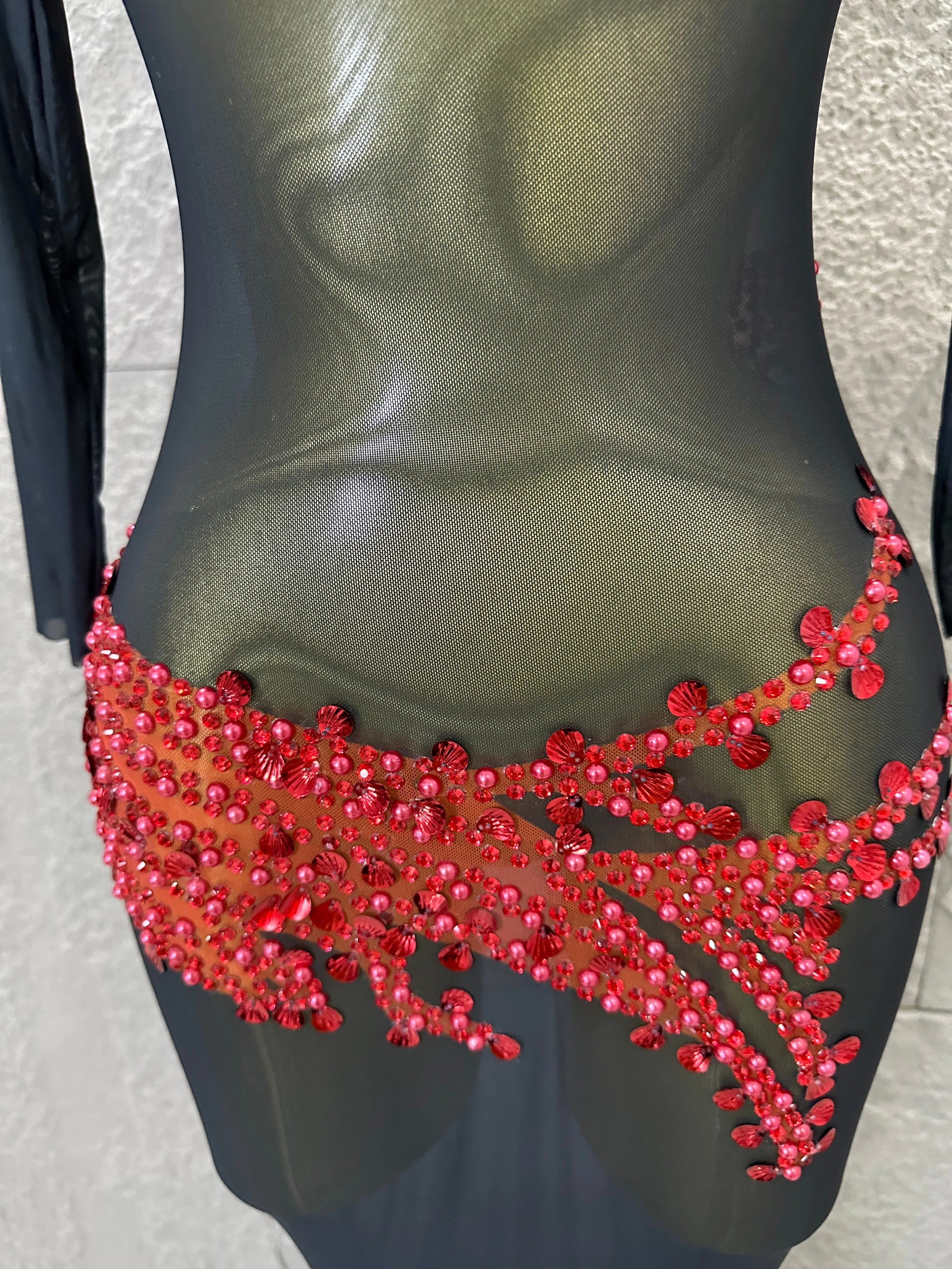 Sexy 2026 Black Sheer Mesh Maxi Dress Women Long Sleeve High Neck Red Rhinestone Embellished Bodycon Stage Costume