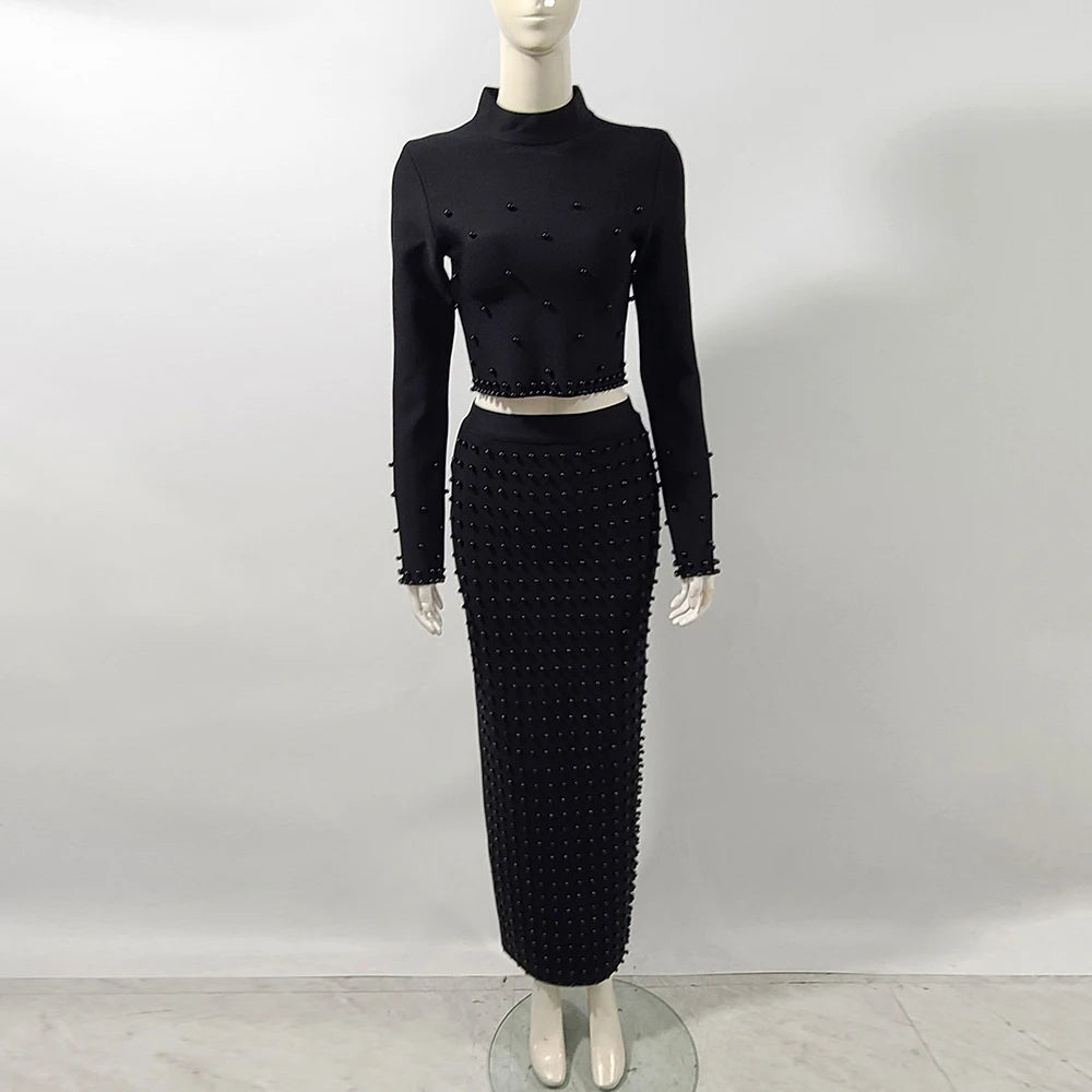 Women'S Black And White Beaded Short Top+Long Skirt Bandage Two-Piece Set Elegant Evening Party Female Outfit 2025 New black